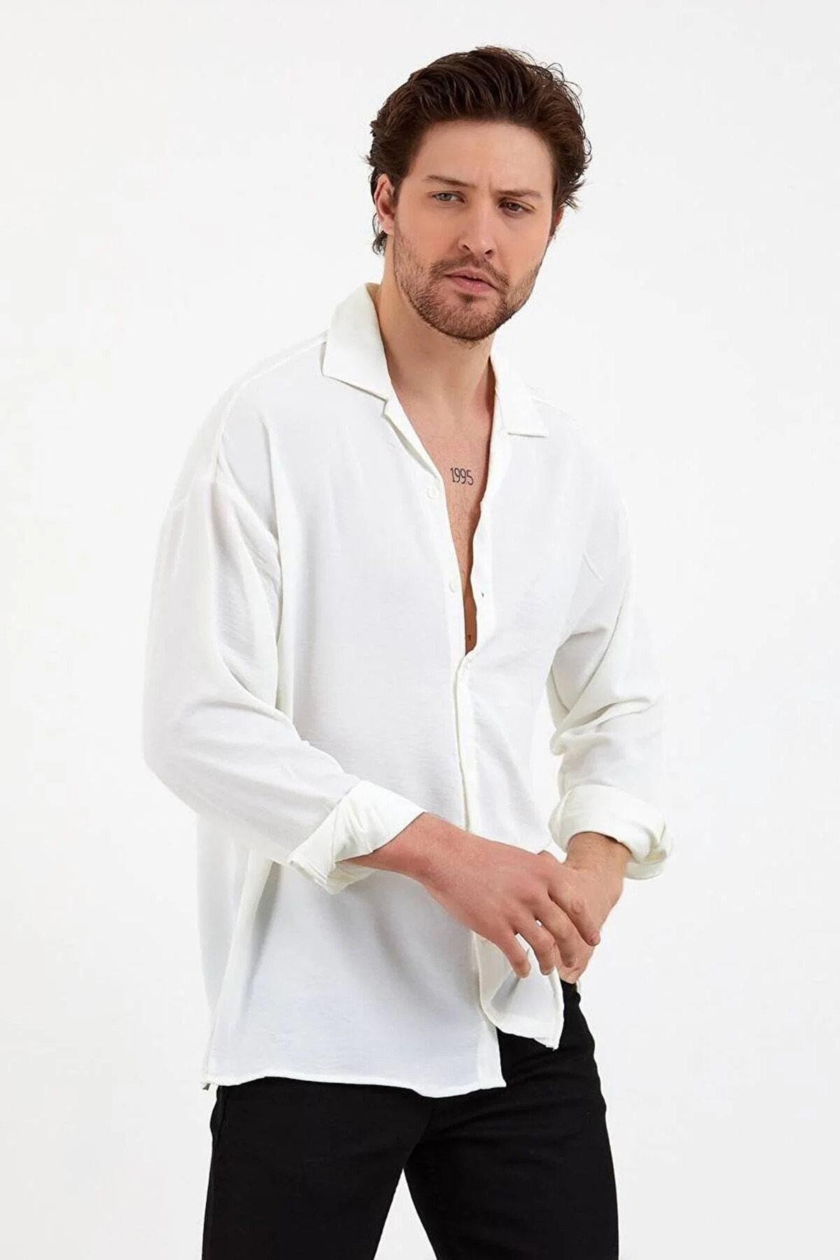 Dokulu Oversize Yazlık Keten Beyaz Erkek Gömlek Bol Kalıp - Uzun Kollu