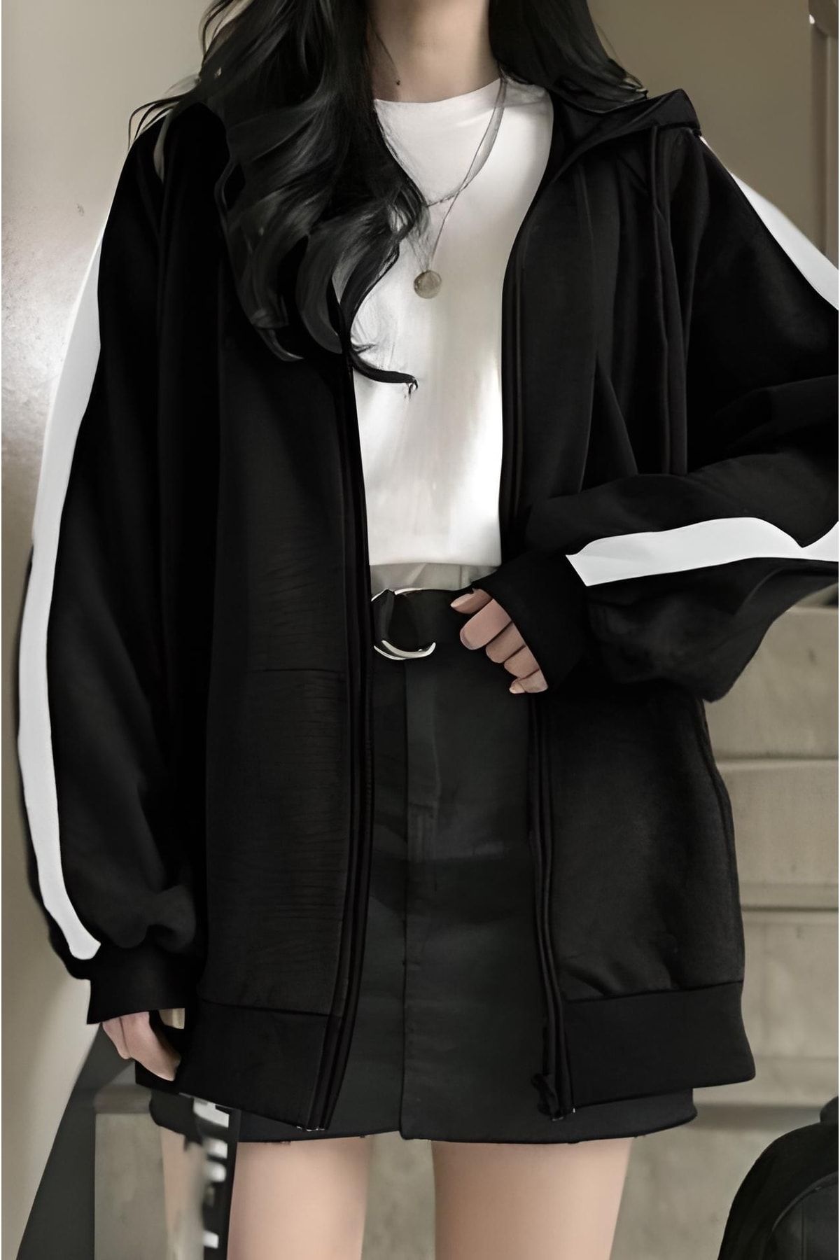 Siyah Harajuku Beyaz Şeritli Şardonlu Unisex Hırka