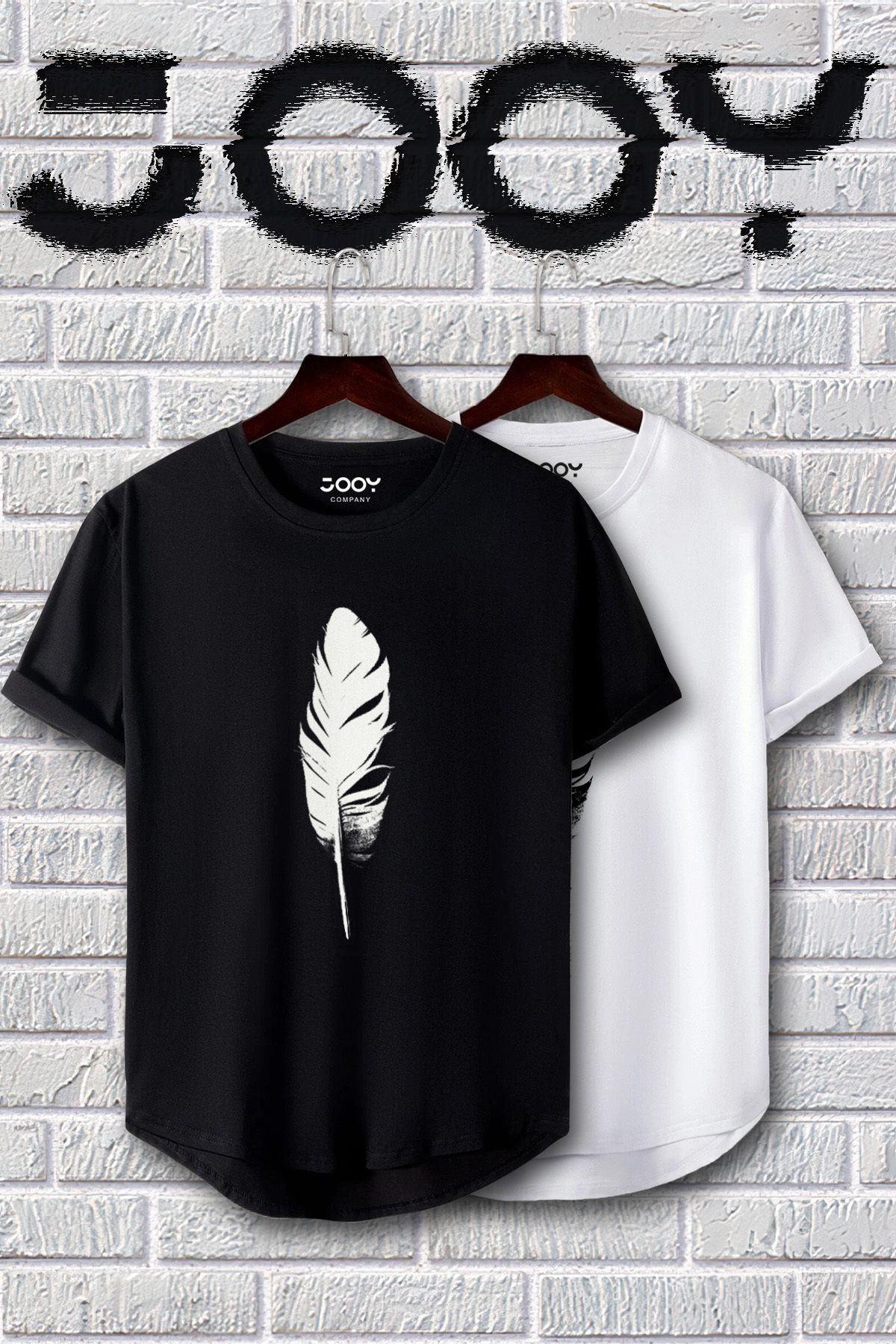 Unisex Siyah Beyaz Oval Kesim Tüy Tasarım Tshirt Ikili Set
