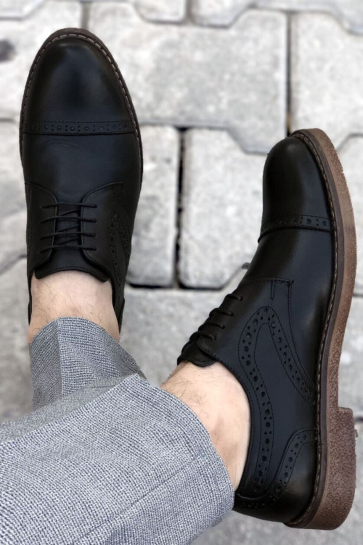 Siyah Hakiki Deri Desenli Erkek Klasik Ayakkabı
