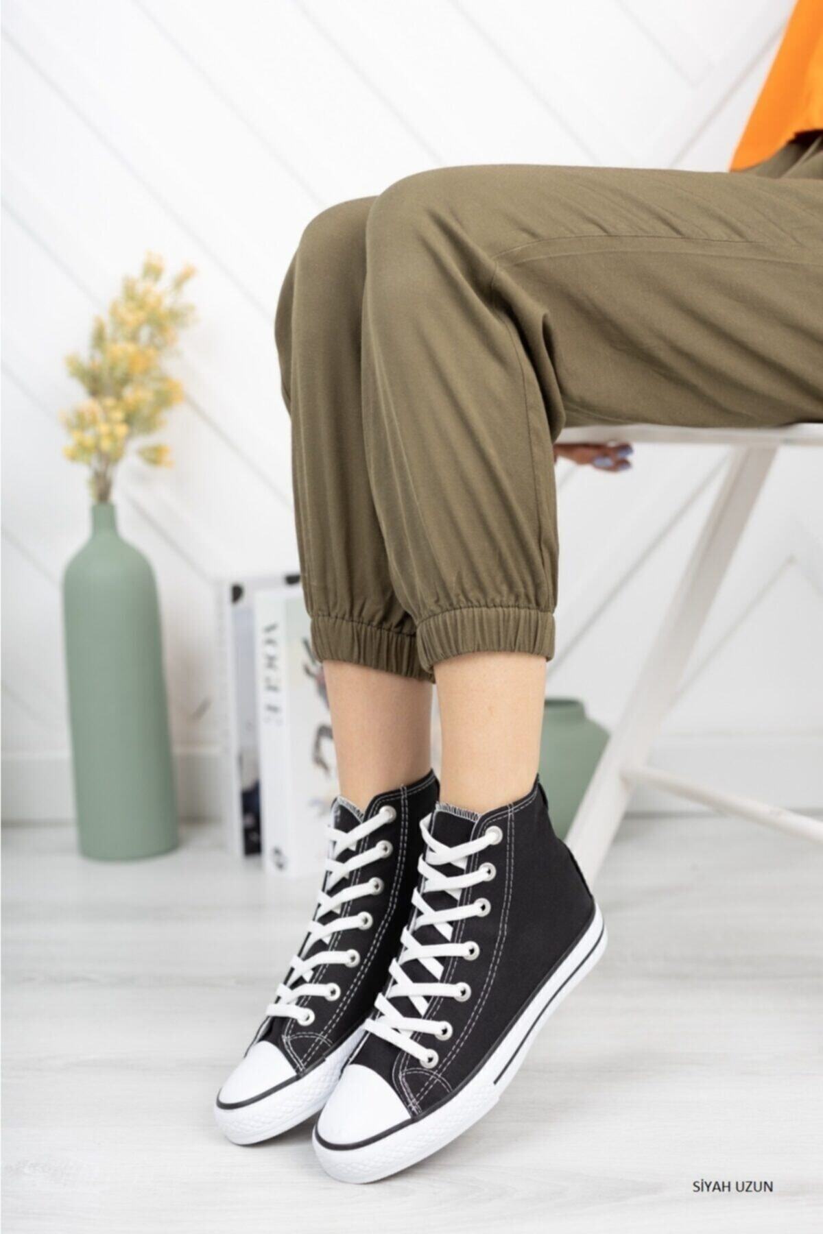 Unisex Günlük Keten Rahat Bilekli Siyah Uzun Convers Sneaker Spor Ayakkabı