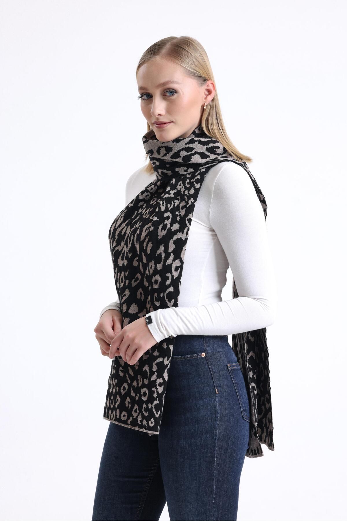 T-Crazy Knitwear Leopar Çift Yüzlü Atkı, Kışlık Yumuşak Dokulu Kaşkol, Triko Örme Atkı