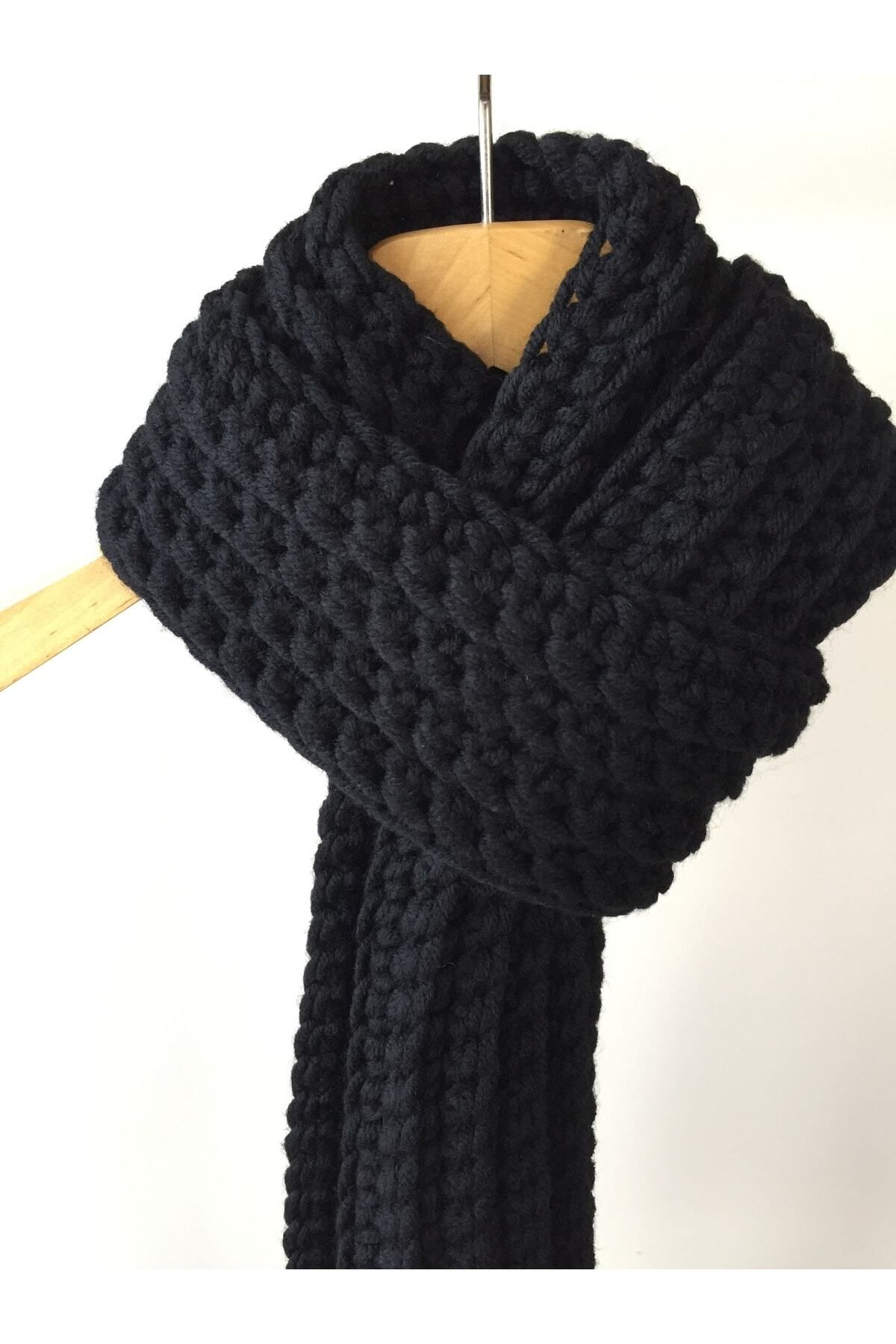 Mora Knit Atkı El Örgüsü Süper Lana Siyah Unisex Atkı